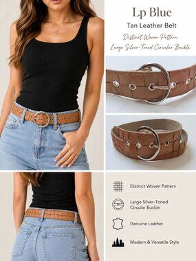 Lp Blue tan leather belt distinct woven pattern and a large, silver-toned Sz XL